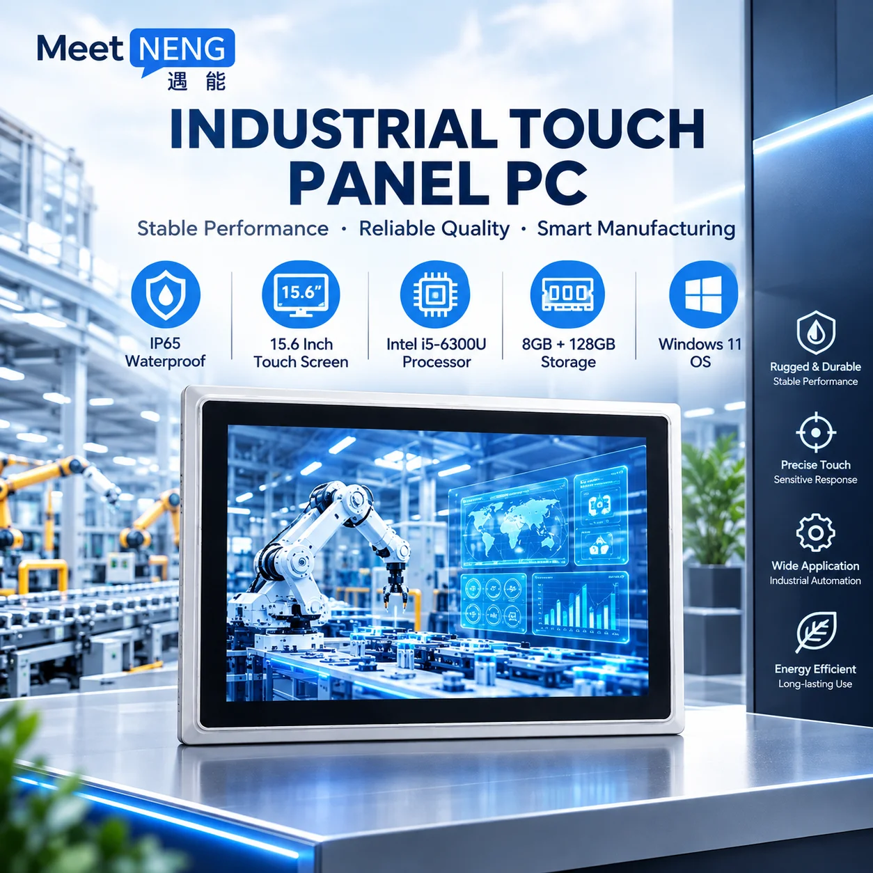 Factory MEETNENG 15.6'' Industrial Touchscreen Computer with I5 6300U 8+128G Win11 IP65 Waterproof Embedded Panel PC Touch Displ
