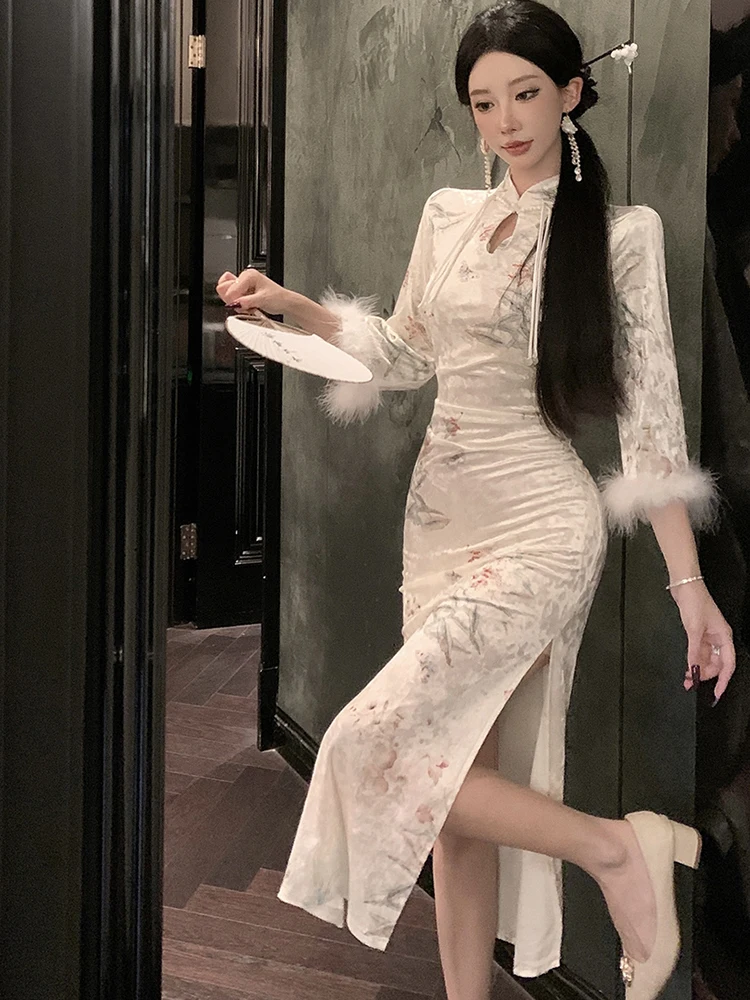 2023 Floral Samt Satin Stehkragen Langes Kleid Frauen Koreanische Elegante Luxus Festival Kleid Herbst Winter Bodycon Abendkleid