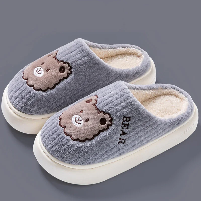 2024 New Winter Soft Mens Indoor Antiskid Fluffy Slides Bedroom Cartoon Bear Warm Plush Slippers Male Home Casual Cotton Shoes