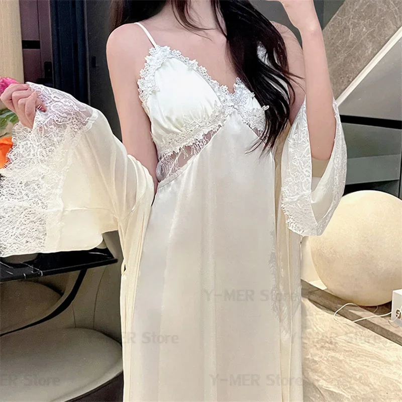Abiti da sposa lunghi da sposa Camicia da notte e vestaglia da donna Set da 2 pezzi Indumenti da notte leggeri con cinturino per spaghetti in pizzo sexy con imbottitura sul petto