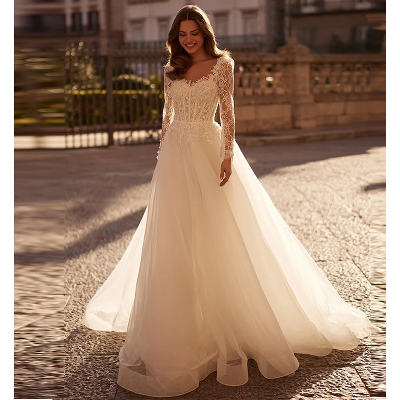 

Элегантное свадебное платье из органзы с вышивкой, трапециевидной формы, длиной до пола, бальное платье с круглым вырезом и длинными рукавами, индивидуальное платье невесты Vestido De Novia