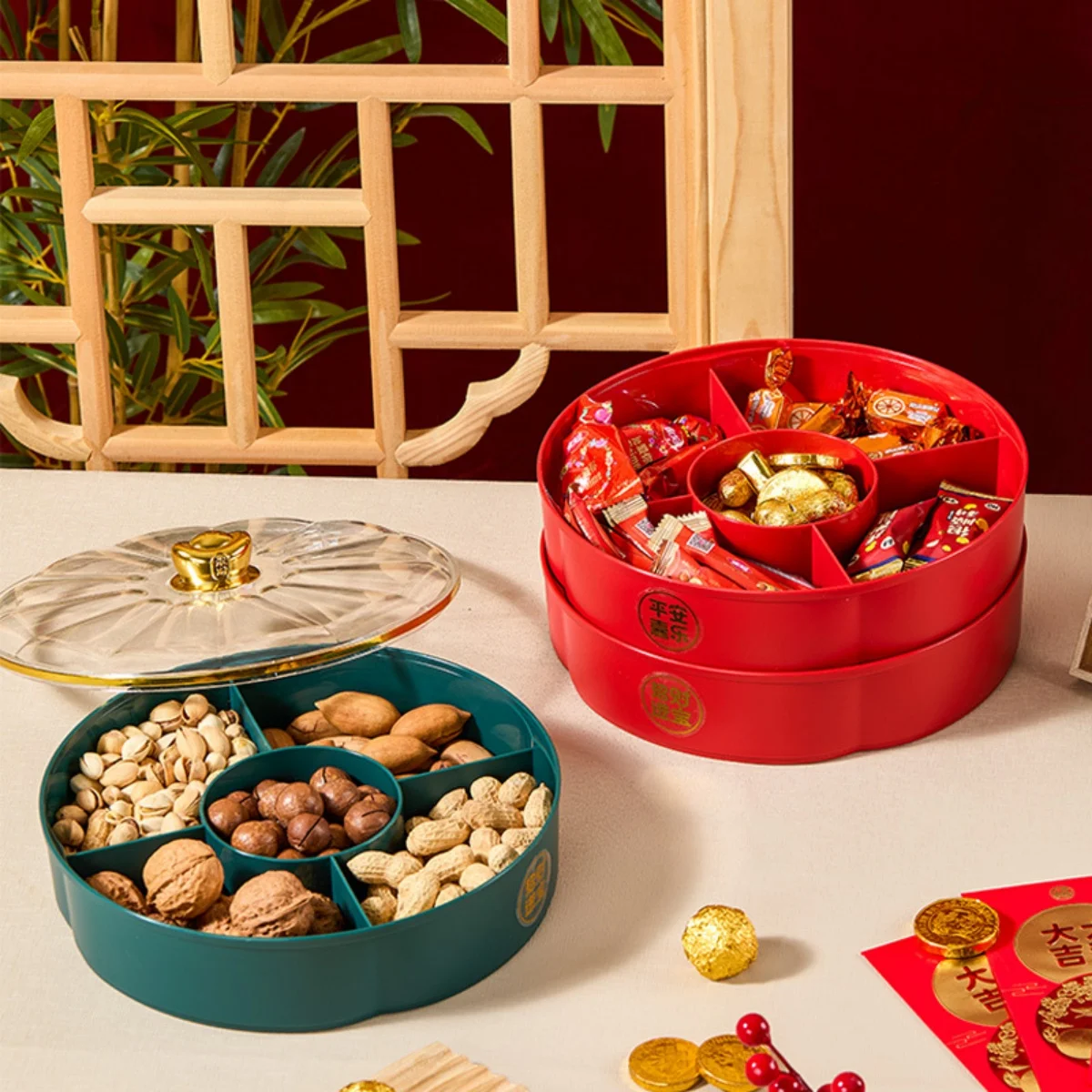 

New Year Snack Tray 9" Multi Layer Fruit Candy Dessert Storage Box Chinese Style Lucky Red Fruit Platter Festive Kitchen Supply