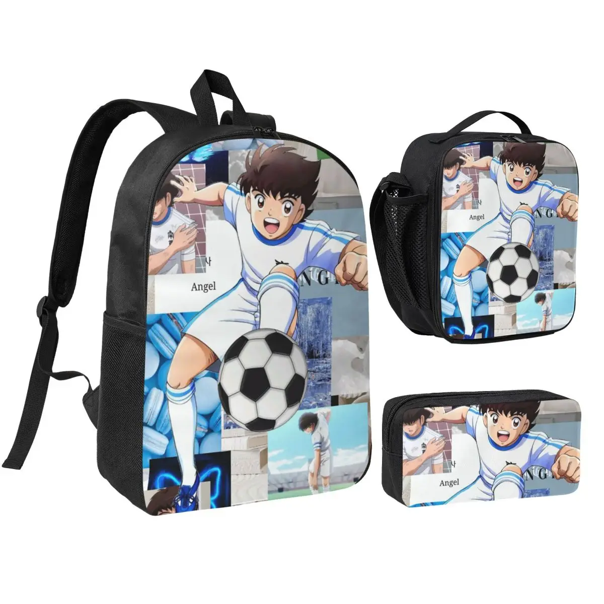 Mochila Ozora Oliver Atom Capitan Tsubasa, mochila escolar, bolsos de hombro, 3 piezas, bolsa de almuerzo aislada, estuche para lápices