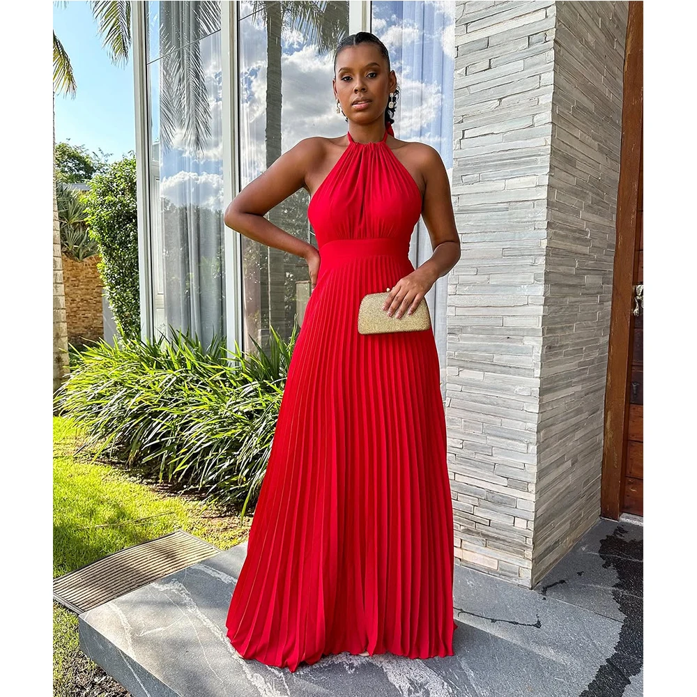 

Bowith Red Halter Backless Evening Dresses 2025 Elegant Customized Long Prom Dresses A-Line Chiffon Pleated Party Dresses