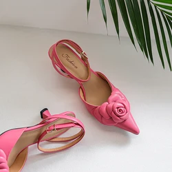 Women Summer Shoes 5.5 CM Flowers Sandals Elegant Party Shoes Real Sheepskin Sandles Sexy Heel Spring Autumn Pumps Pointed Toe