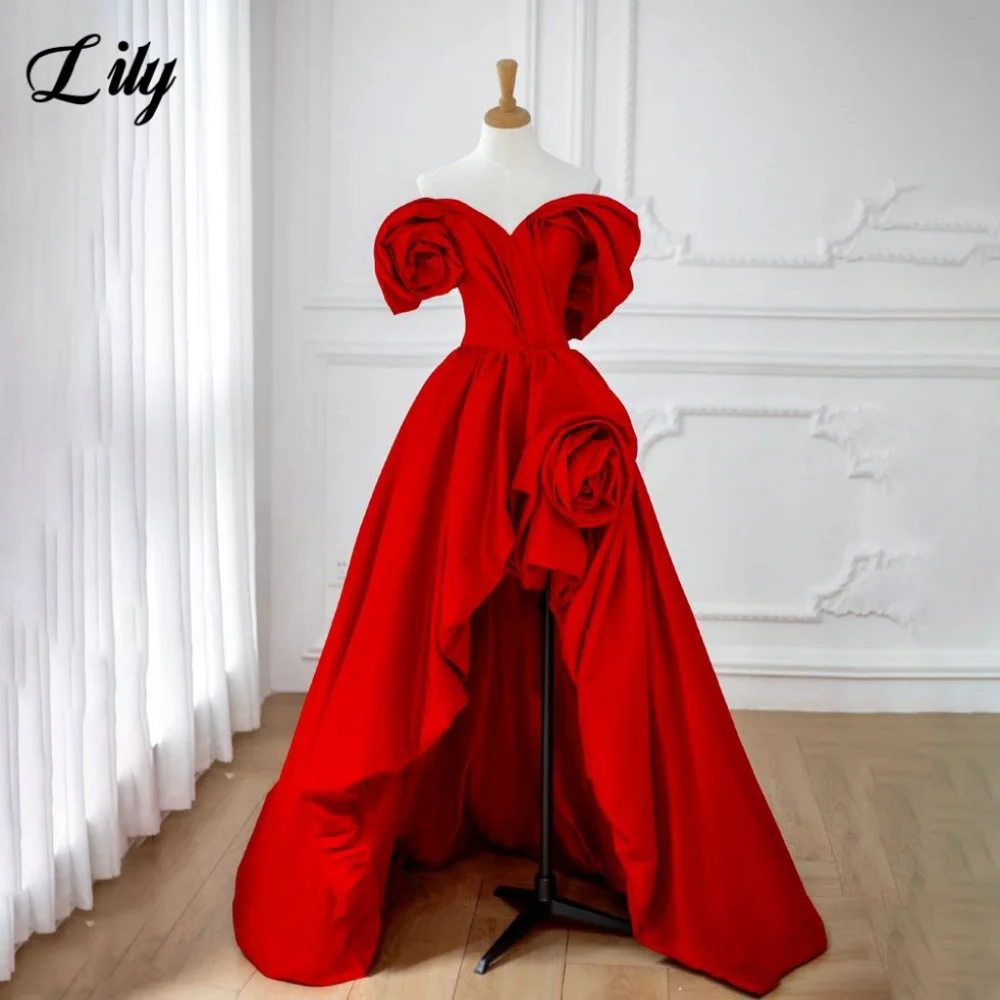 

Lily Red Elegant Prom Dresses V-Neck Off the Shoulder Special Dresses Stain 3D-Flowers Short Front Formal Gown 프롬 드레스 Customized