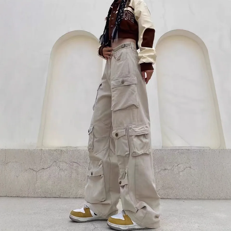 

НОВИНКА: Женские повседневные брюки-карго с широкими штанинами, высокой талией, множеством карманов, из хлопка и полиэстера, прямого кроя, в рабочем стиле