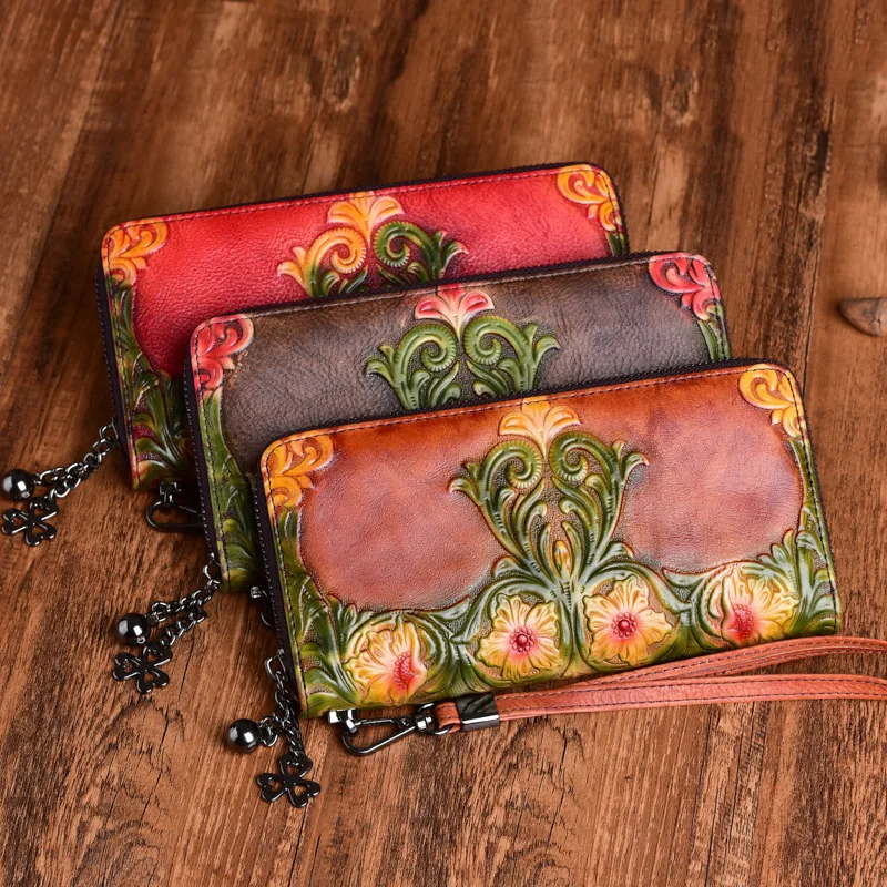 Women's purse cowhine retro embossed handmade large capacity multi-functional long hand purse