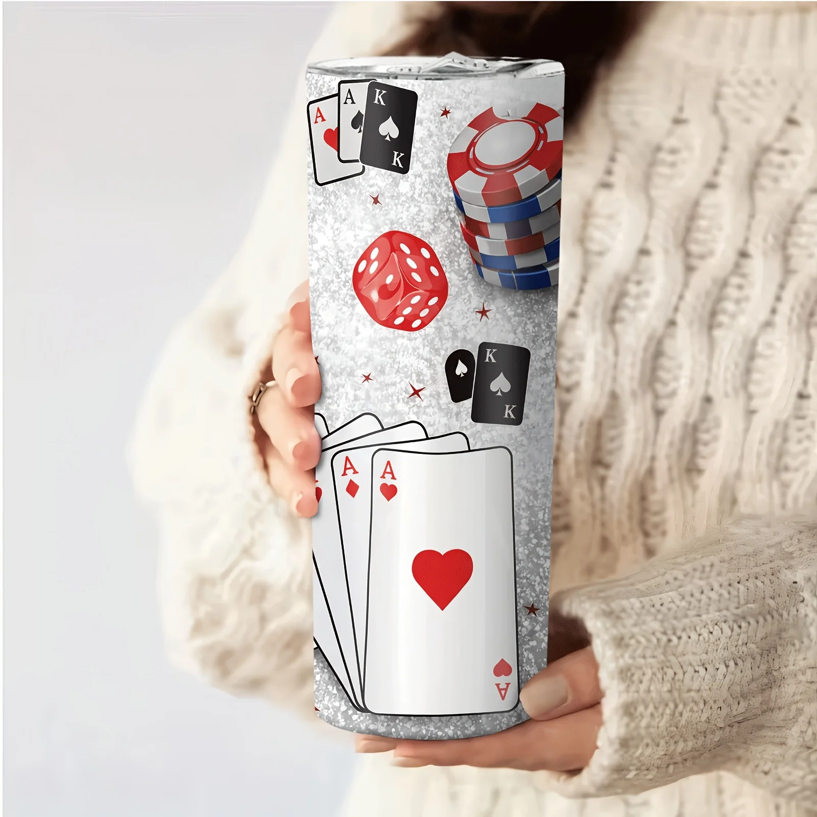 1pc 20oz Stainless Steel Vacuum Insulated Bottle Cup Poker Element Printing Portable Cup Leisure Entertainment Wind  Water Cup Long-Lasting Cold Insulation Car Coffee Cup Suitable for Chess Lovers, Friends Gifts, Parties