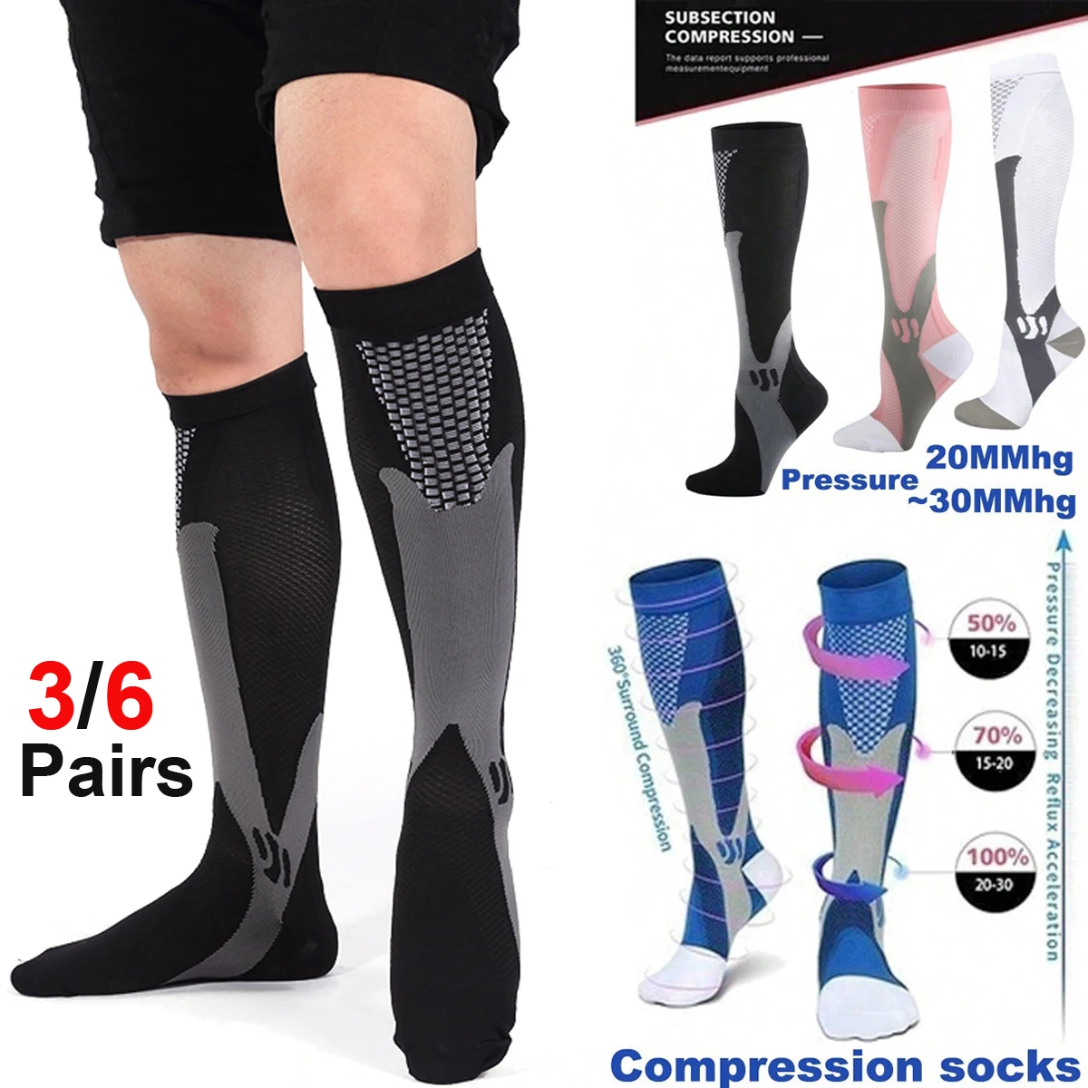 

6Pairs Compression Socks 20-30mmHg High Stockings for Men & Women Sports Marathon Cycling Football Varicose Veins EU35-45