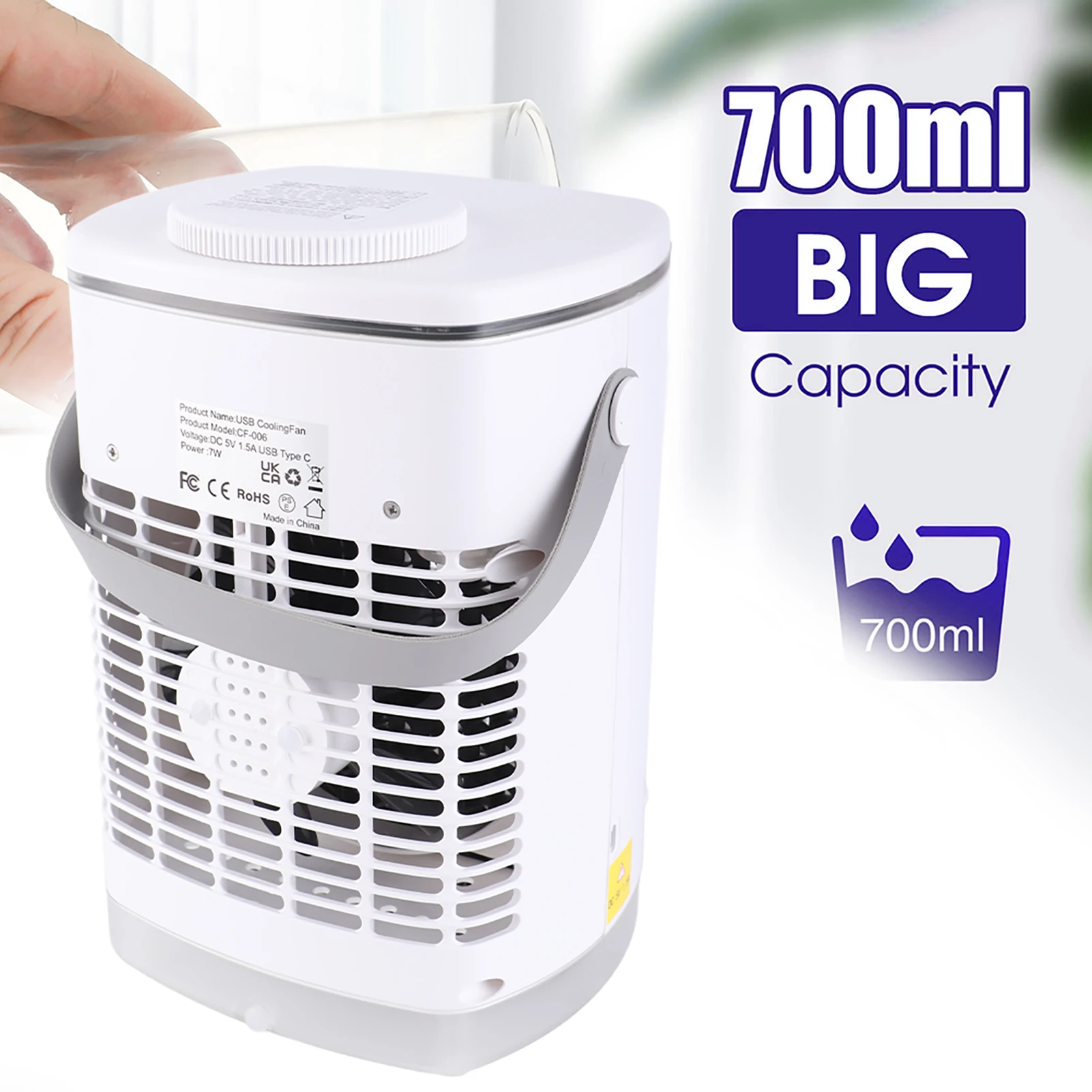 Tragbarer Klimaanlagenventilator für Raumkühlventilator, Luftbefeuchter, 2-Modus-Desktop-Ventilator mit 4 Windgeschwindigkeiten, buntes Nachtlicht