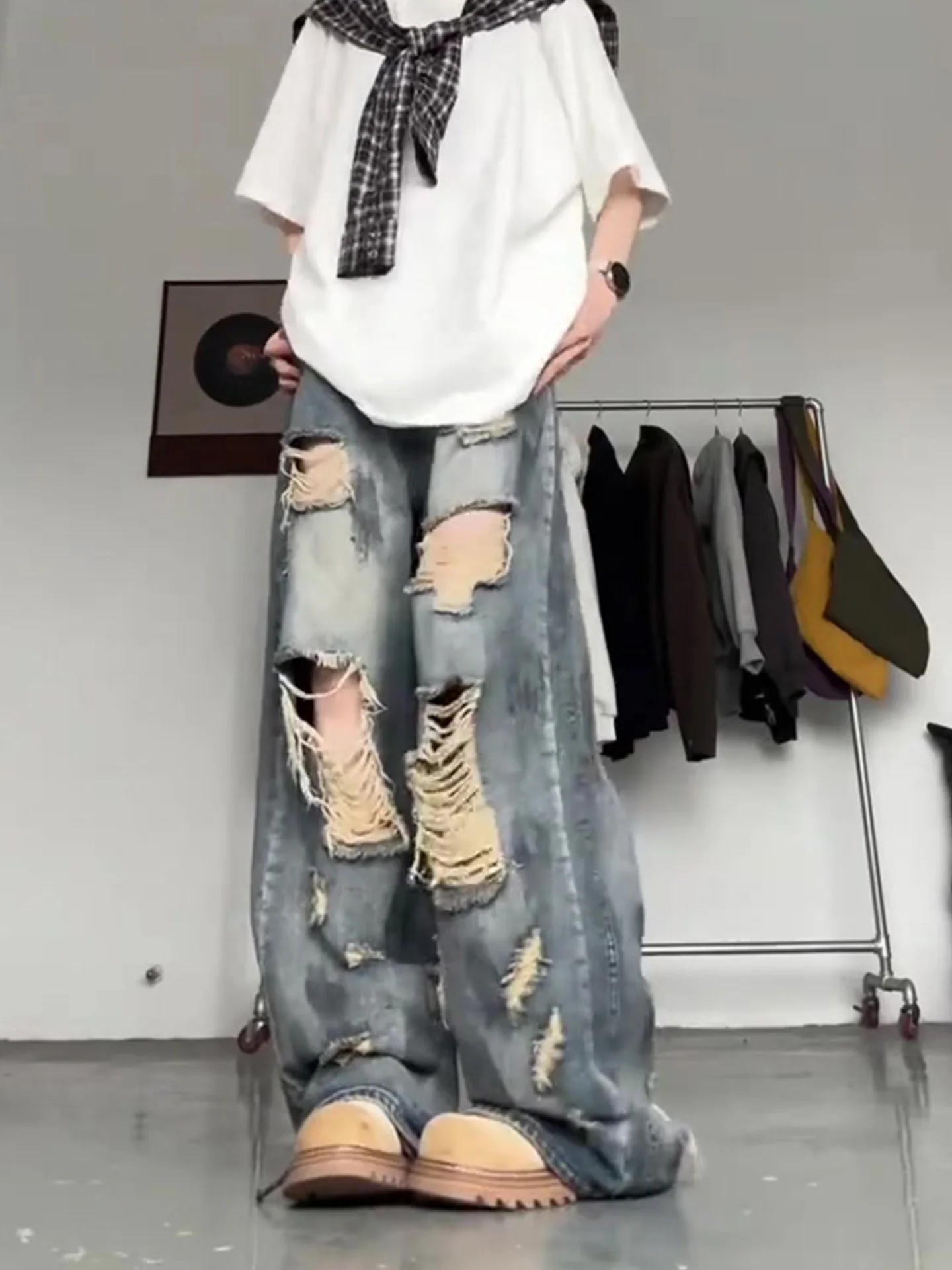 

High Waist Wide Leg Straight Cut Ripped Skinny Jeans Summer New Style Retro American Large Size Lightweight Denim Pants
