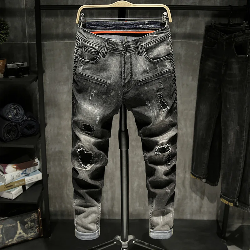 2024new motorcycle jeans men's slim stretch high-end pencil pants stitching scratch patch retro trousers