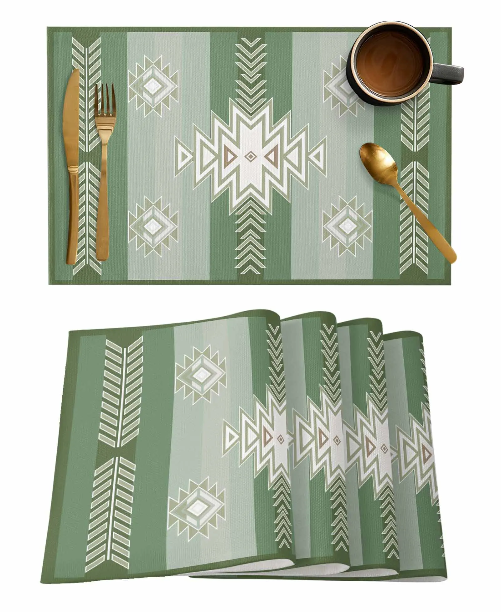 Bohemian Aztec Moroccan Rural Farmhouse Sage Green Kitchen Tableware Cup Bottle Placemat Coffee Pads 4/6pcs Desktop Mats