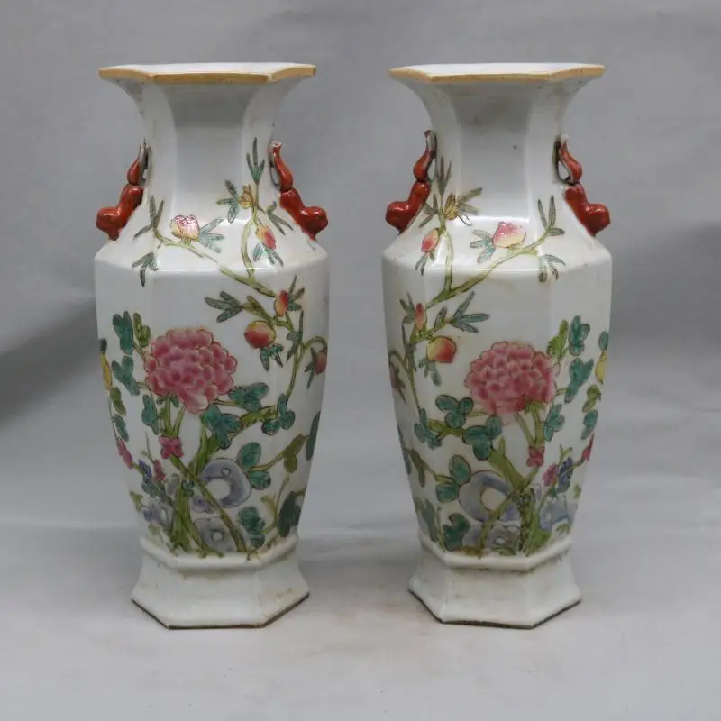 China Home Decorations Porcelain Famille Rose Floral Pattern Vases A Pair 9.44"