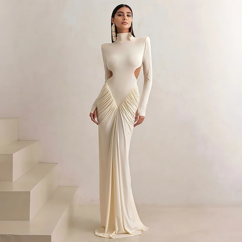 Bangniweigou Turtleneck Full Sleeves Back Cut Maxi Dress Women Elegant Sharp Shoulder Waist Ruched Evening Formal Robe Pink
