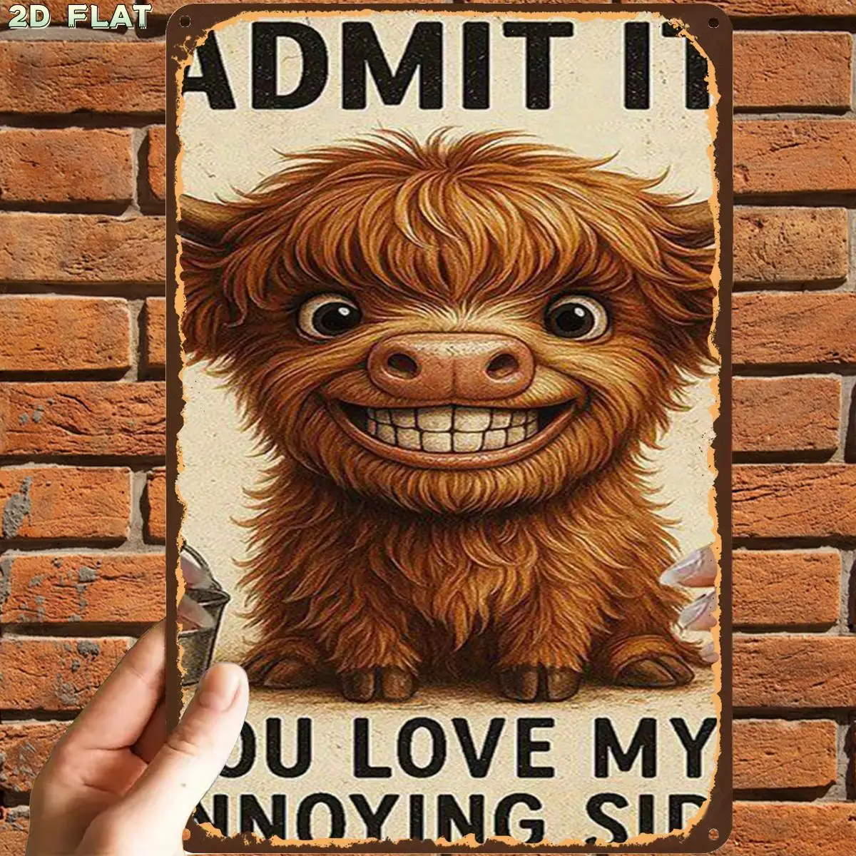 2D Flat, Retro Vintage Cute Highland Cow Poster Art Metal Tin Sign, with Pre-Drilled Holes, Ideal for Indoor, Garden, Outdoor