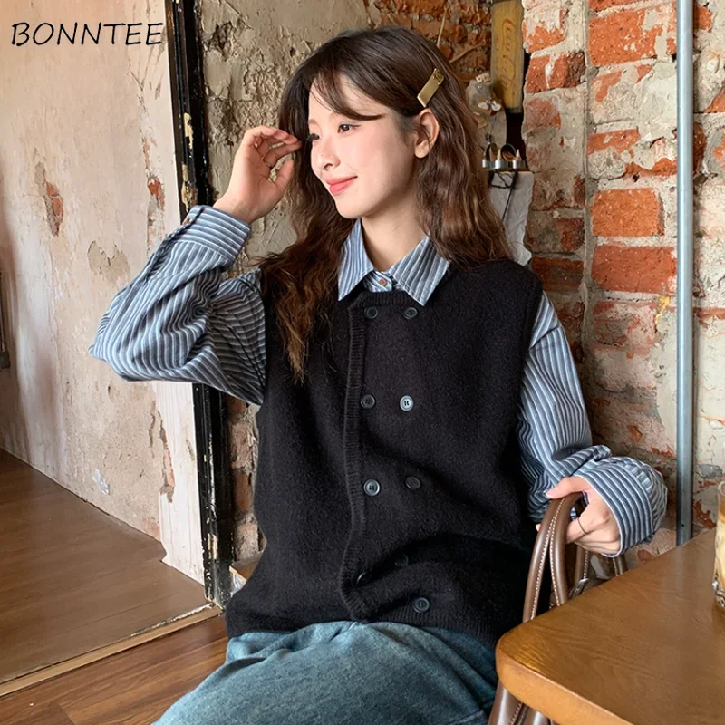 Sweater Vest Women Double Breasted Tender Knitted Tops Outwear Temper Autumn Design All-match Vintage Korean Style Slouchy Daily