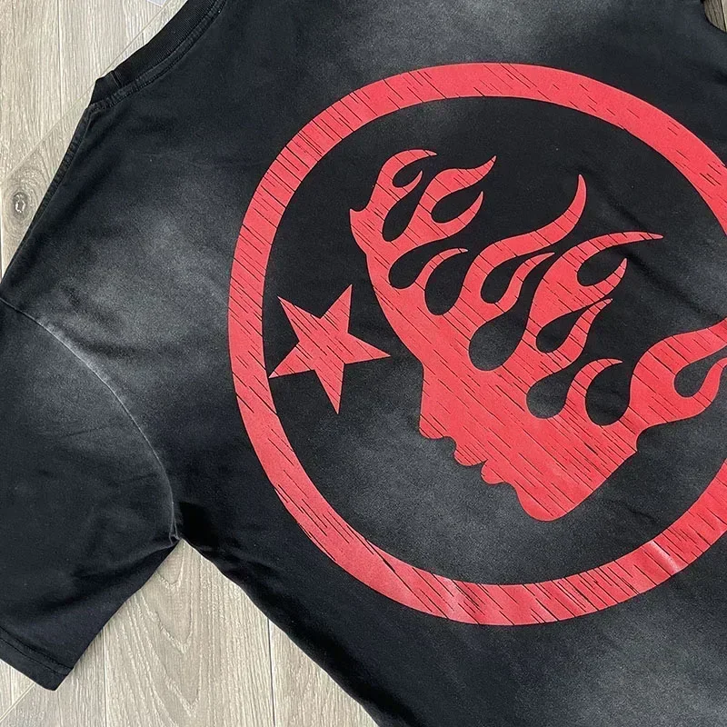 

24ss Washed Black Logo Printing T Shirts For Men Women 1:1 Best Quality Casual Hell Star Oversized T Shirt