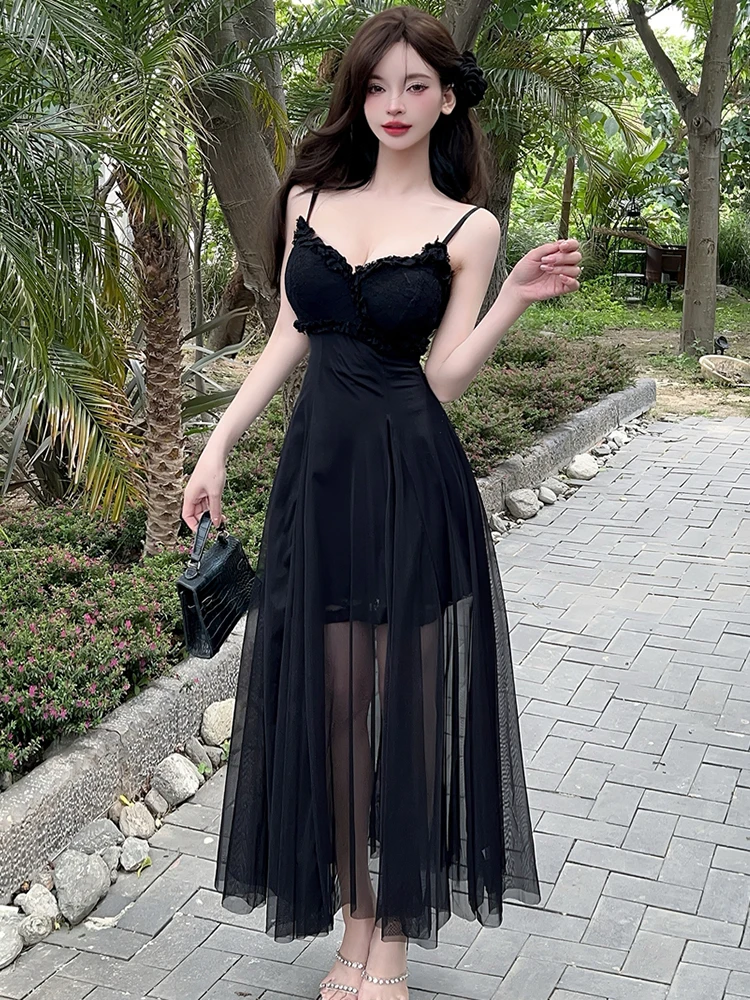 2025 موضة جديدة الجاكار المرقعة شبكة ماكسي فساتين الصيف أنيقة Bodycon فستان بكتافة غير رسمية المرأة الكورية نمط الشاطئ فساتين