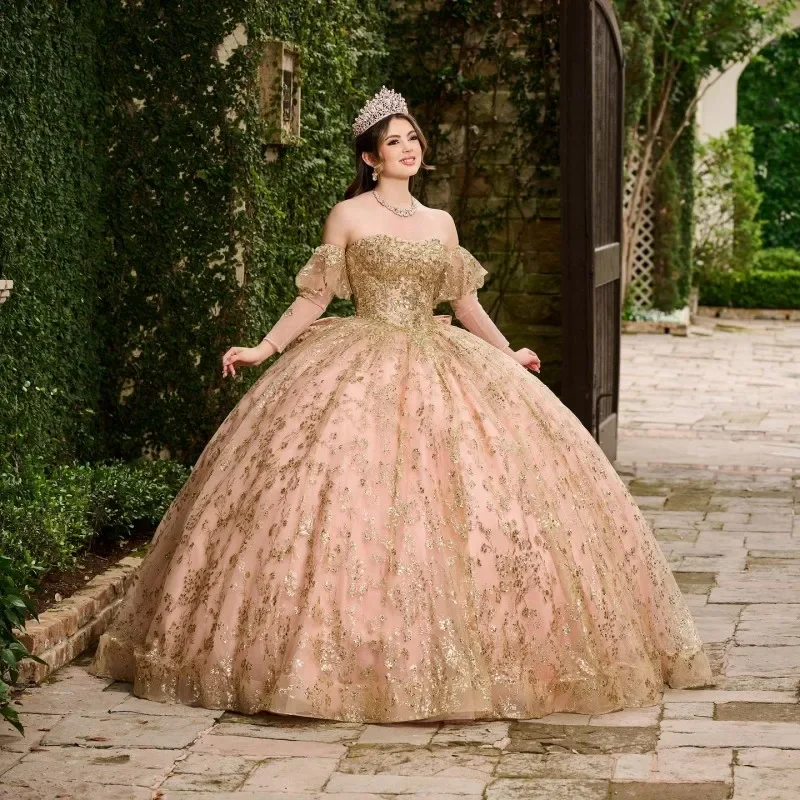 

Pink Sequins Ball Gown Quinceanera Dress Tulle Gold Appliques Flowers Bow Off Shoulder Sweet 15 16 Birthday Party Formal