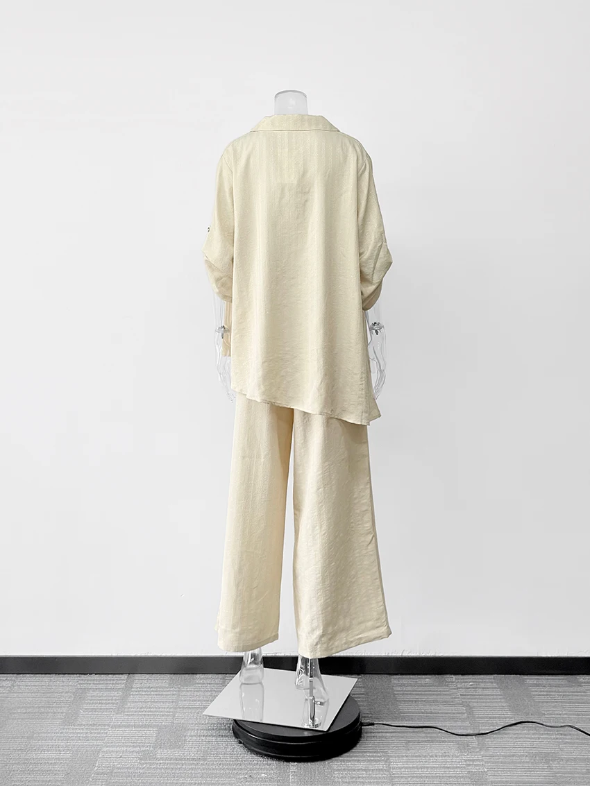 Parc Fee Fashion Loose Yellow Linen Women's Two Pieces Set 2025 Elegant Short Sleeve Shirt With High Waist Wide Pants Set Female