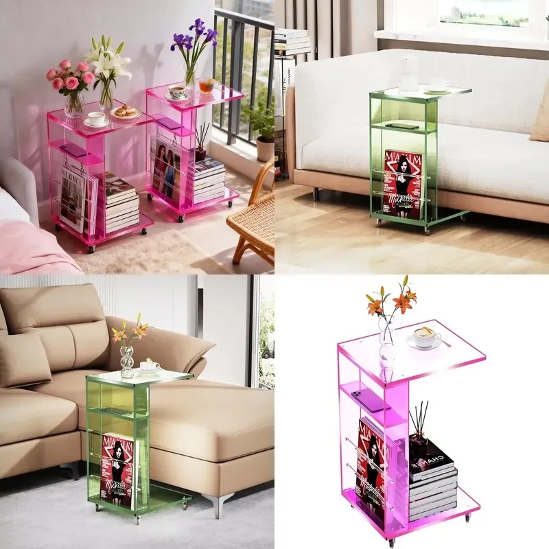 Wholesale Pink Acrylic Cart with Wheels Coffee Side Table Bathroom Storage Rack Balcony Household Furniture Factory Direct