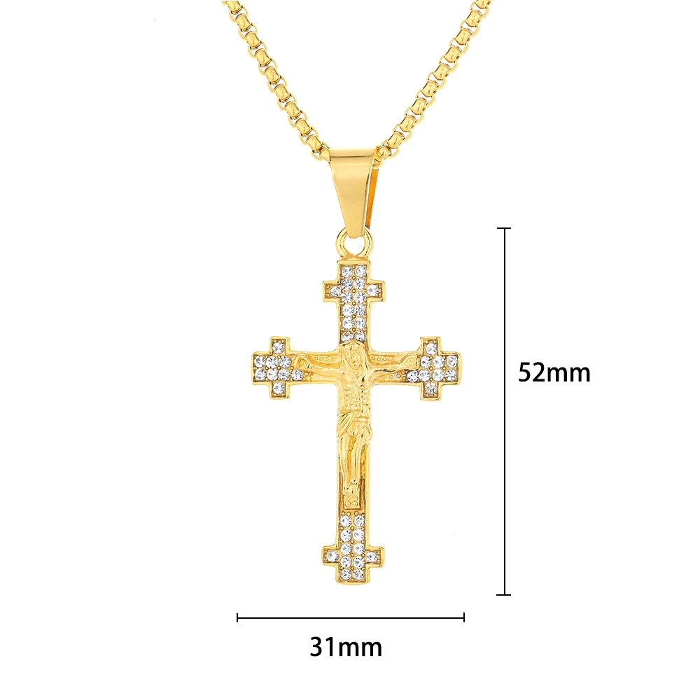 Religious Christ Jesus Cross Iced Out Shiny CZ Pendant Men Gold Color Stainless Steel Crucifix Necklace for Women Jewelry Gift