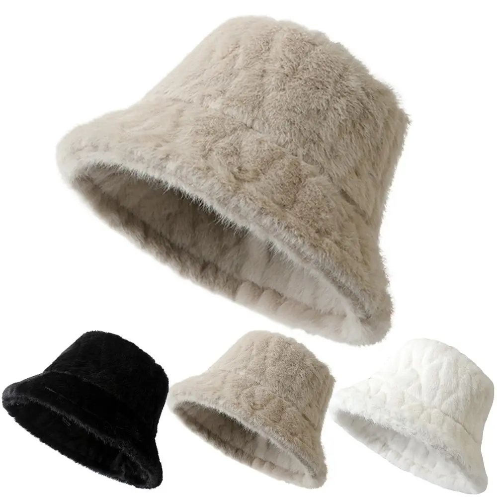 

New Fluffy Fur Winter Hat Solid Color Fisherman Hat Thicken Cold Windproof Panama Cap for Women Girls
