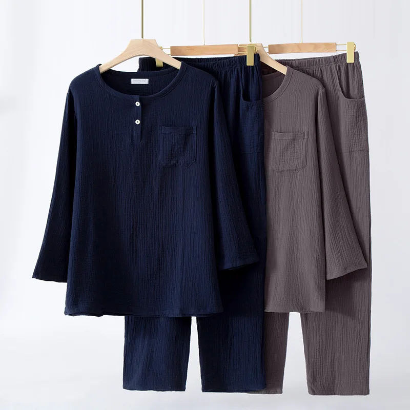 Casual Cotton Pajamas For Men Round Neck Long Sleeve Top Pant Set Spring Autumn Loose Sleepwear Male Nightwear Home Clothing