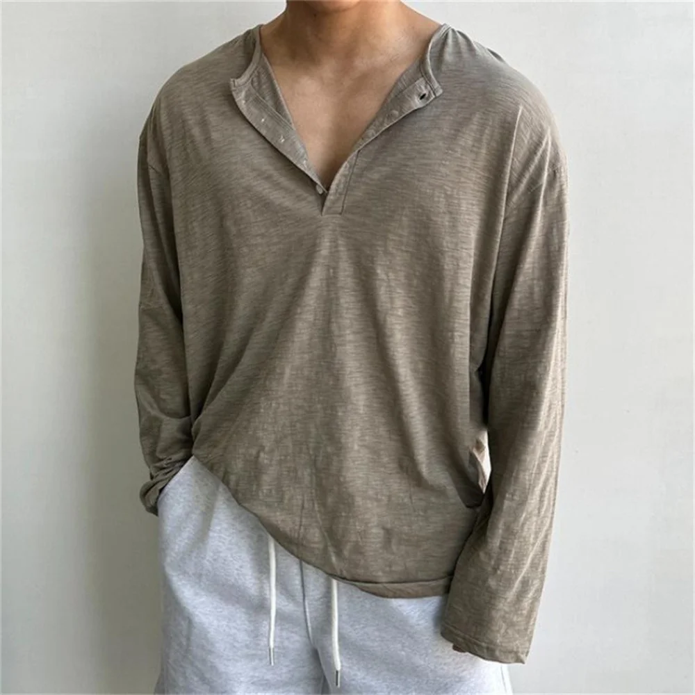 

2024 Fashion leisure commuter plus-size men's spring Henry collar light lazy irregular texture loose base long sleeve T-shirt