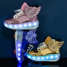 2025 new double-wing glossy double-wheel power walking shoes, rechargeable children's light-emitting shoes, roller skates