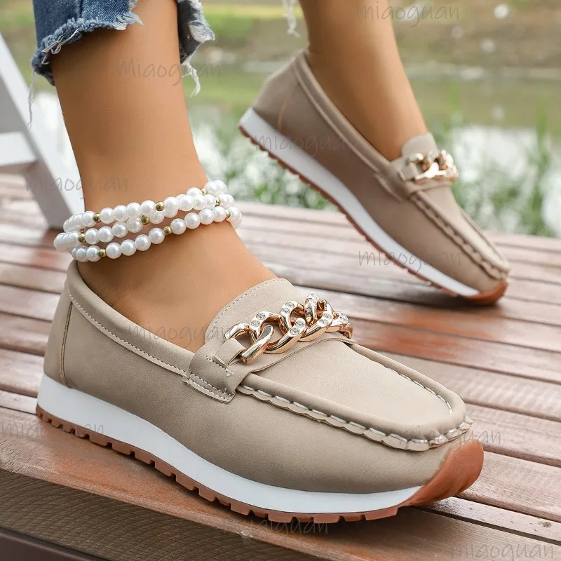 Soft Sole Slip-on Women's Loafers Fashion Chain Decors Anti-slip Casual Shoes for Women Office Ladies Comfortable Flat Footwear