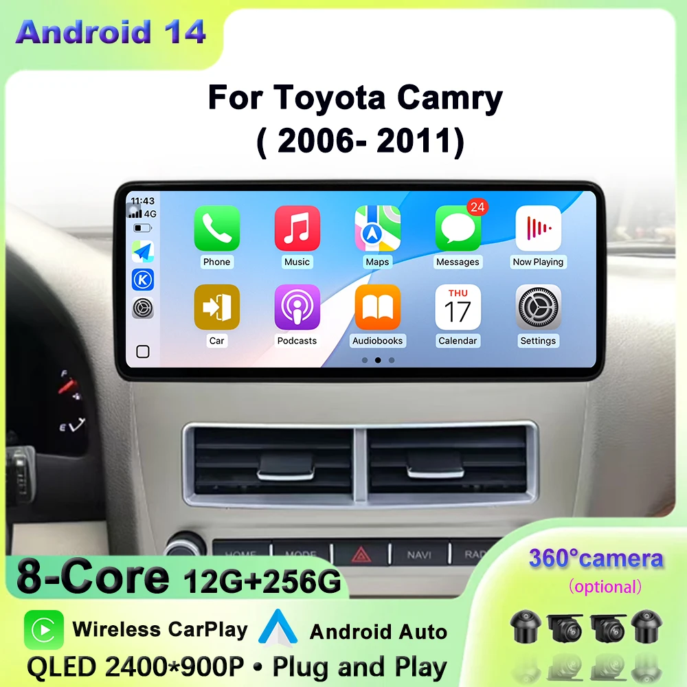 

Для Toyota Camry 2006-2011 автомобильный мультимедийный плеер навигация GPS сенсорный экран QLED 2400*900P Android 14 12,3-дюймовый Bluetooth видеорегистратор