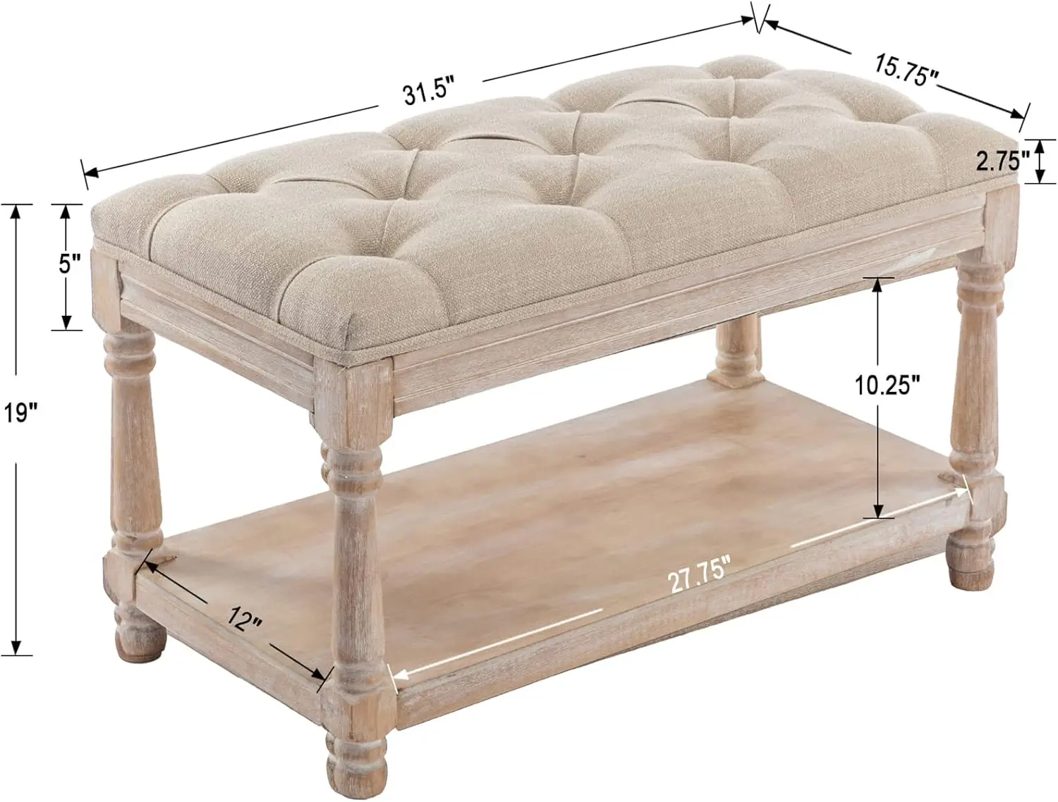 Storage Entryway Bench Tufted Shoe Rack Bench Wood Window Bench for Hallway Entrance Bedroom Corner-1 Seat, Beige