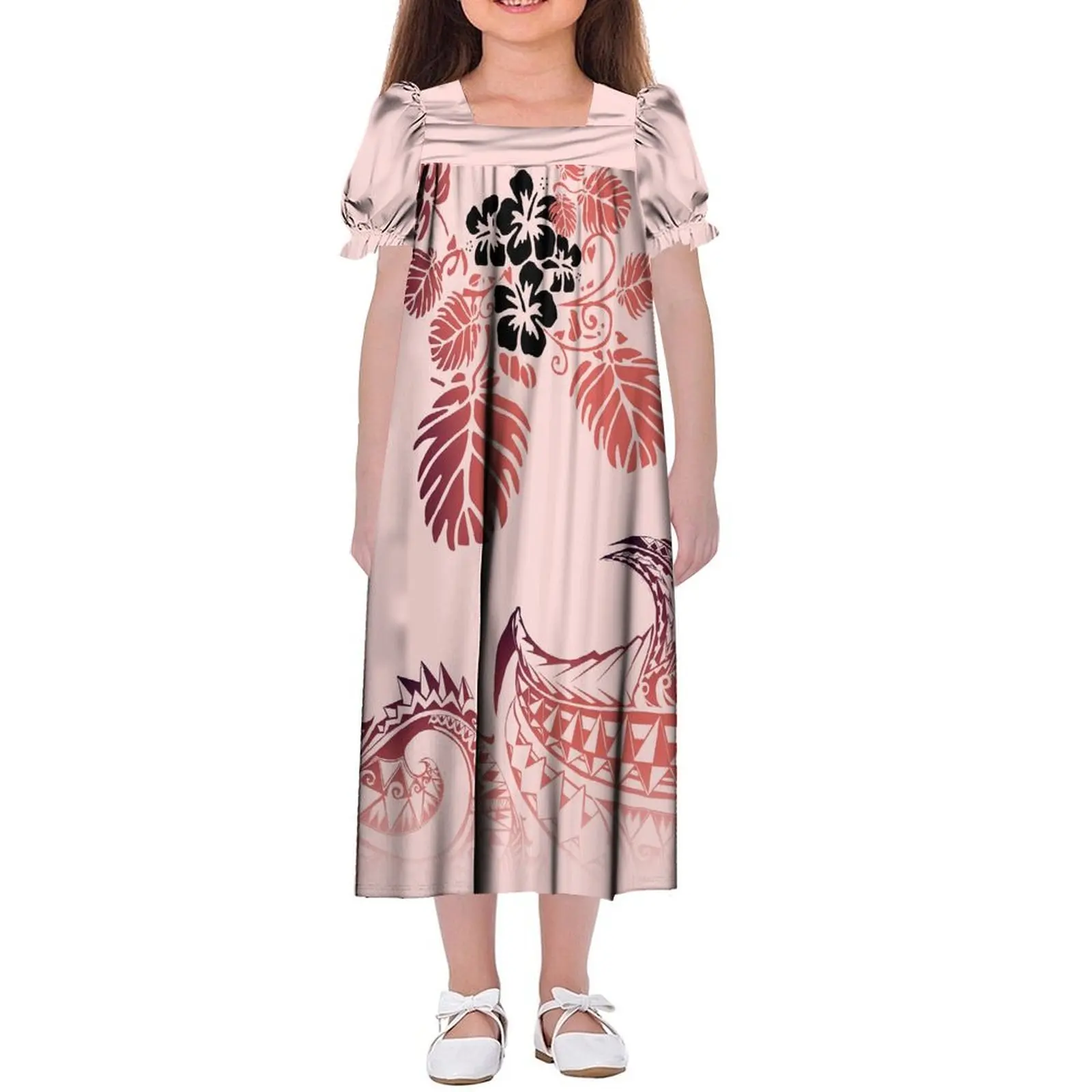 

Summer Samoan Children'S MUMU Puffy Sleeve Dress Polynesian Art Print Birthday Party Features Girls Square Collar Maxi Dress