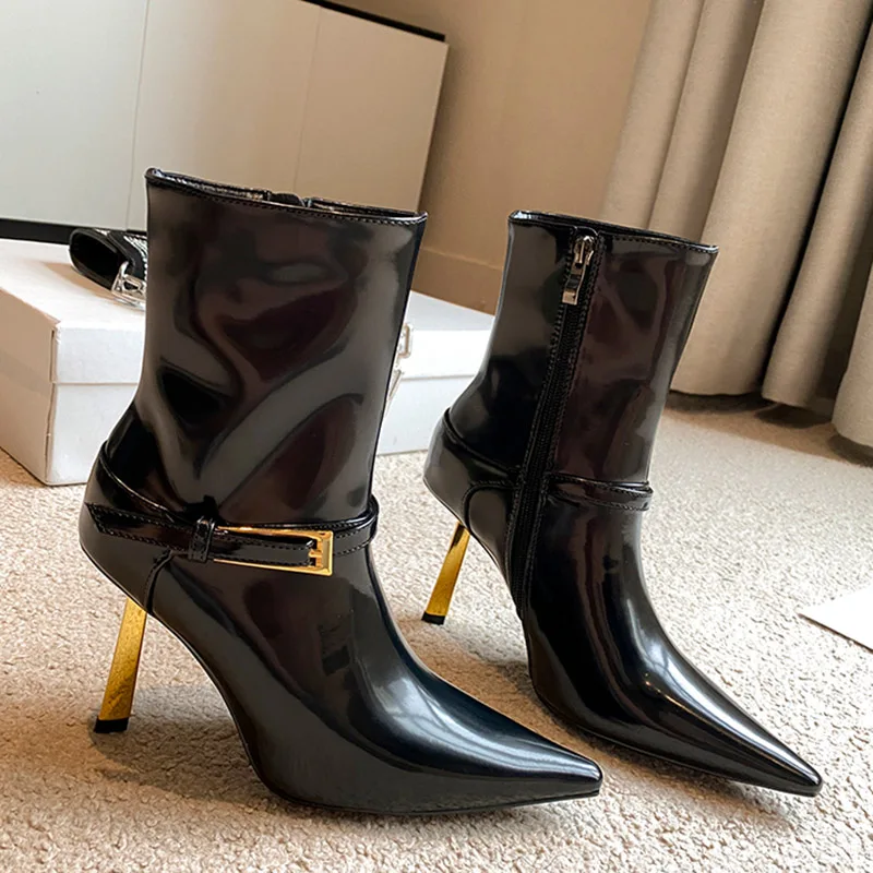 

New Sexy Black Metal Heels Boots Women High Heels Ankle Boots Women Pointed Toe Short Boots Women Shoes Woman Botines Mujer