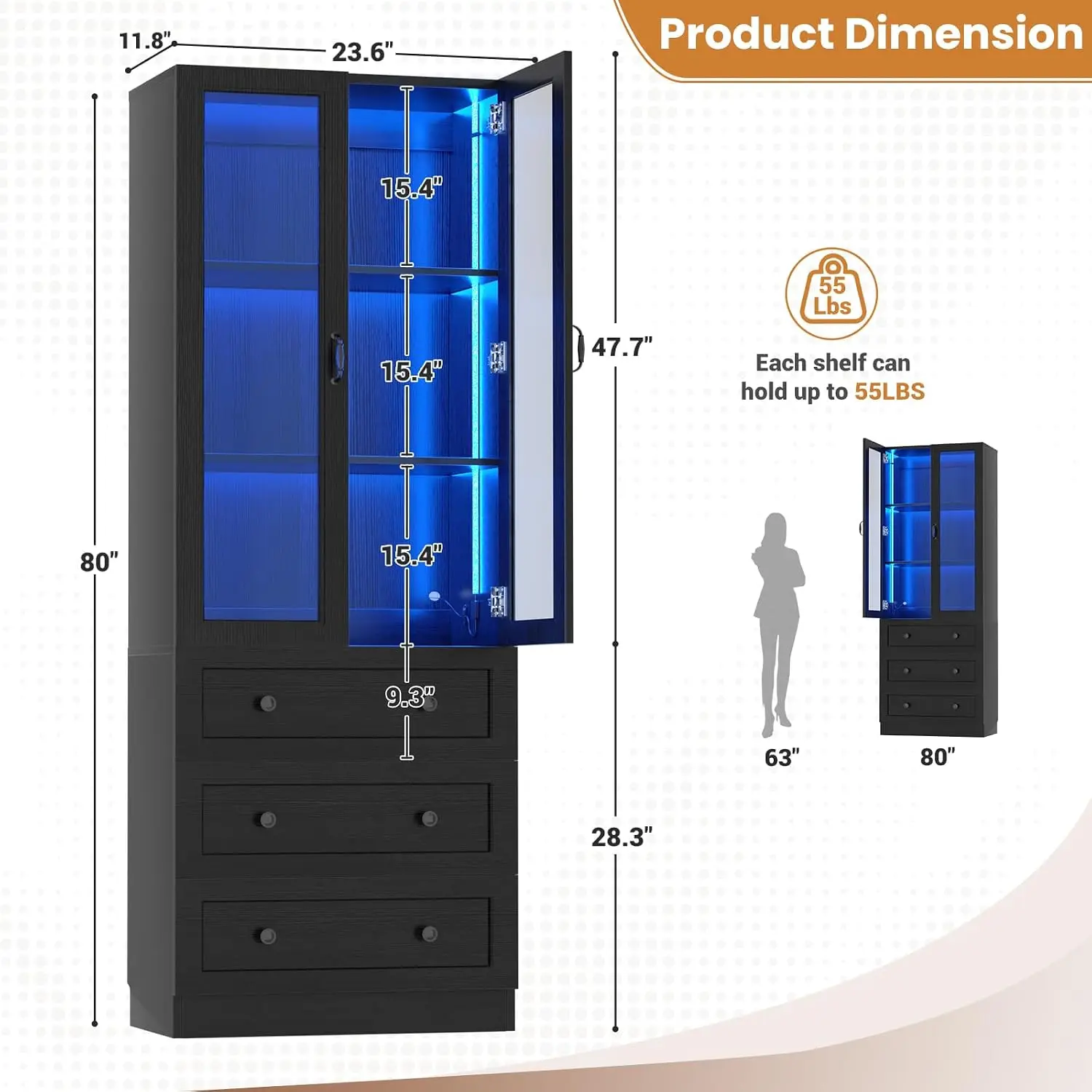 Glass Display Cabinet LED Lights 3 Drawers, 6 Tier Shelves Case For Collectibles Bedroom Living Room Office Black, Customized