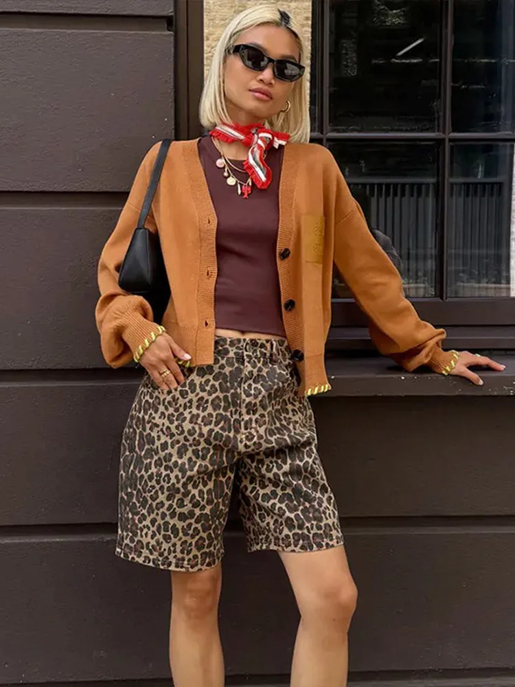 Fashion Leopard Print With Pockets Shorts Women's High Waist Front Zipper Button Pants 2025 Summer Vocation High Streetwear