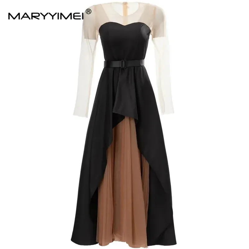 

MARYYIMEI Fashion Designer dress Spring Women Dress O-neck Mesh Long Sleeve Patchwork Nelted Black Lady Dresses