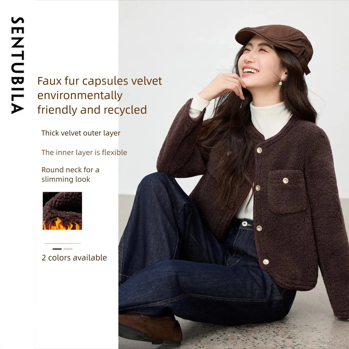 

SENTUBILA Elegant Short Jackets for Woman 2025 Winter New O-neck Straight Coats Warm Regular Shoulder Long Sleeve Tops 154WM3925