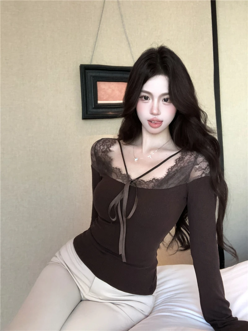2025 Spring Sexy Patchwork Lace Top Long Sleeve Bow Tie Casual Short Shirt Korean Fashion Women T Shirt