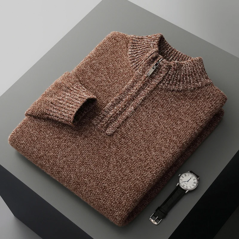 CHICUU Fashion Men's Mock Neck Zipper Pullover Sweater Thick Warm 100% Merino Wool Knitwear Autumn Winter Cashmere Clothes