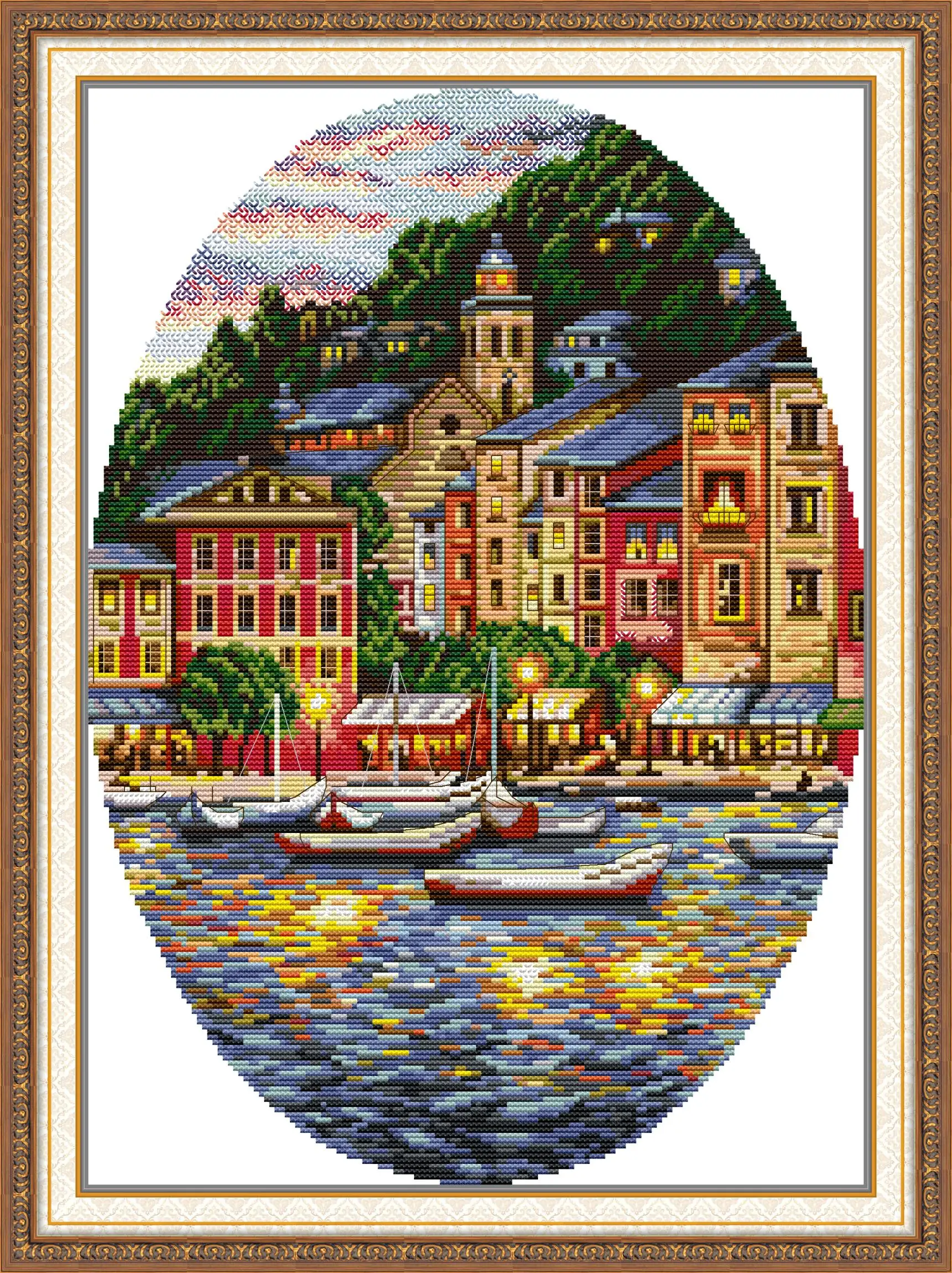 

Полный набор для вышивки крестом, маленькое город по морю, штампованная ткань с принтом, без печати, DMC, рукоделие, домашний декор