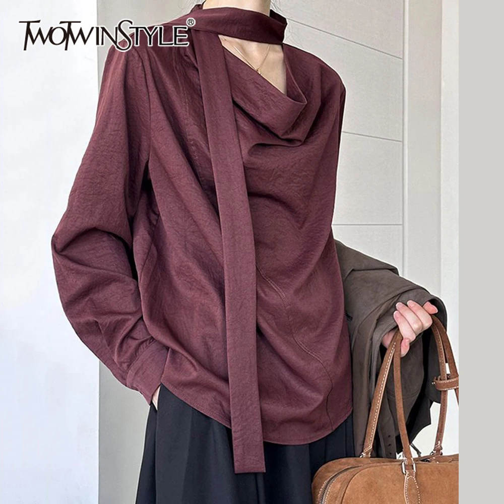 TWOTWINSTYLE Burgundy Casual Loose Blouse For Women Swing Collar Long Sleeve Patchwork Lace Up Designer Shirt Female Fashion New