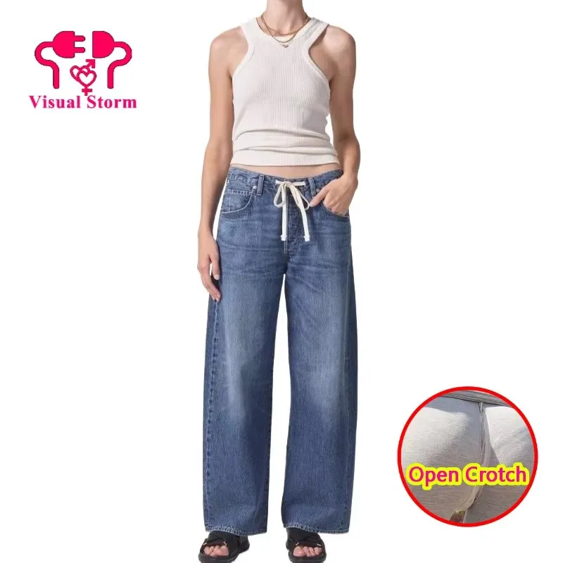 Open Crotch Wide Leg Woman's Fashion Jeans Drawstring Design Loosed Fit Full Length Pants Couple Play Easy Crotchless Clubwear