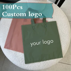 100pcs Custom Logo matte translucent Shopping Bags With Handle Plastic Gift Bag Print One Color Logo On Double-sided  Design