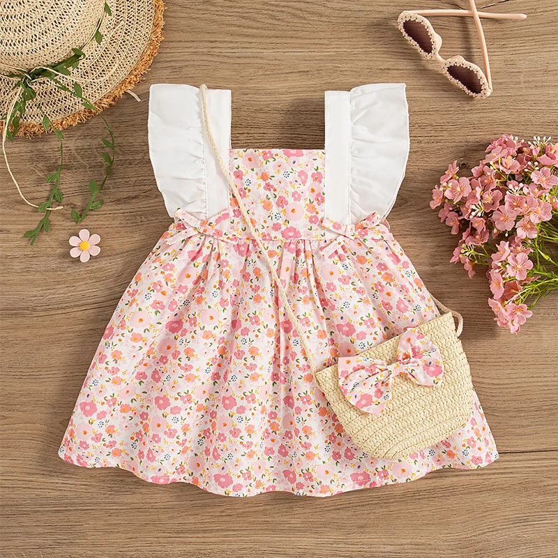 New Summer Floral Baby Girl Dress From 9 Months To 3 Years Old, Cute Bow Children\'S Sleeveless Clothes With Free Bag