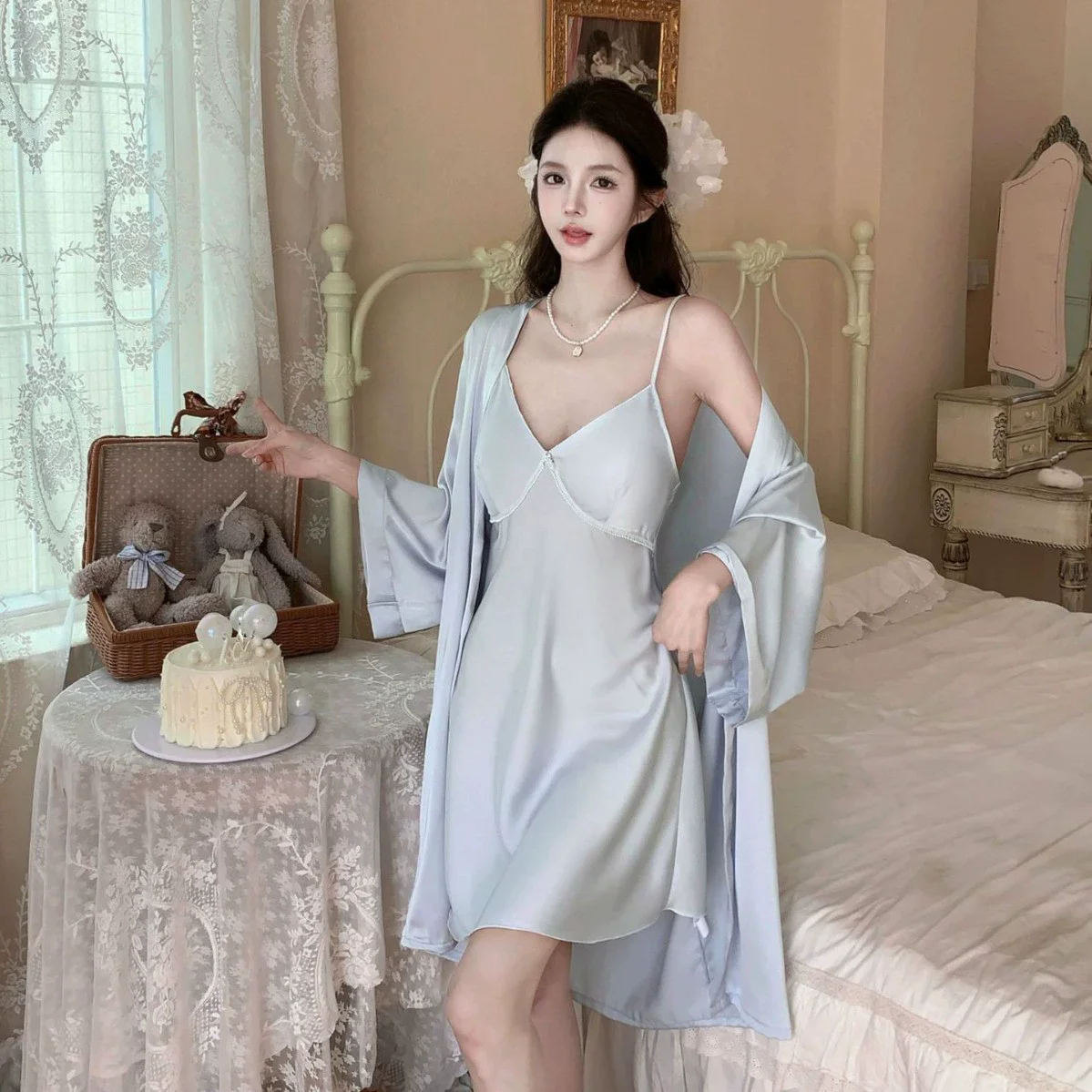 

Sexy Patchwork Lace 2PCS Robe Set Nightgown Summer New Female Sleepwear Intimate Lingerie Silk Satin Home Dress Loungewear