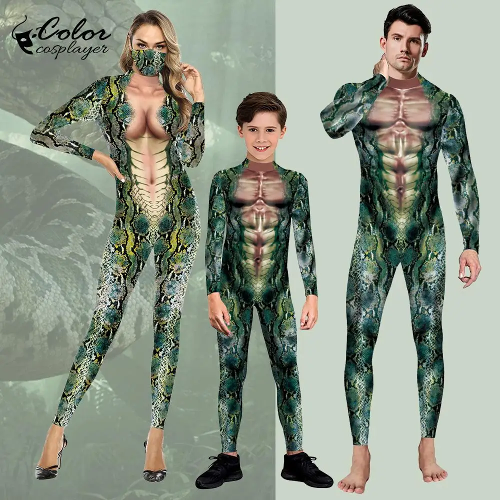 Color Cosplayer Python Jumpsuit Purim Carnival Party Spandex Snake Cosplay Costumes Animal Outfit Catsuit Couple Bodysuit